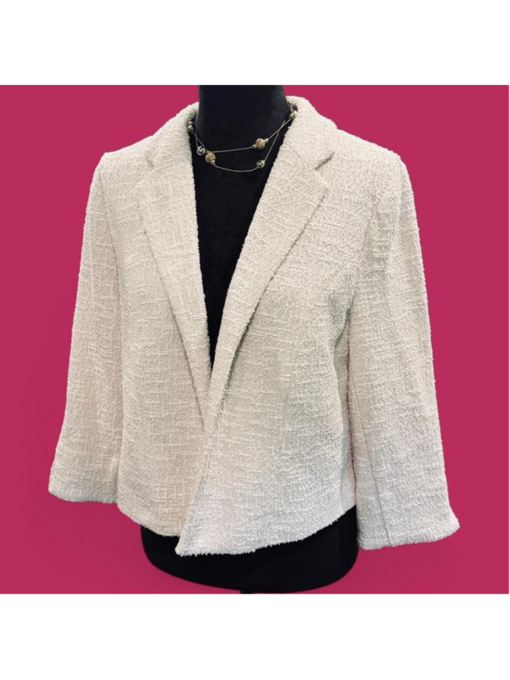 JM Sportswear Cream Textured Open Front Blazer Jacket L Coquette Career Chic NWT